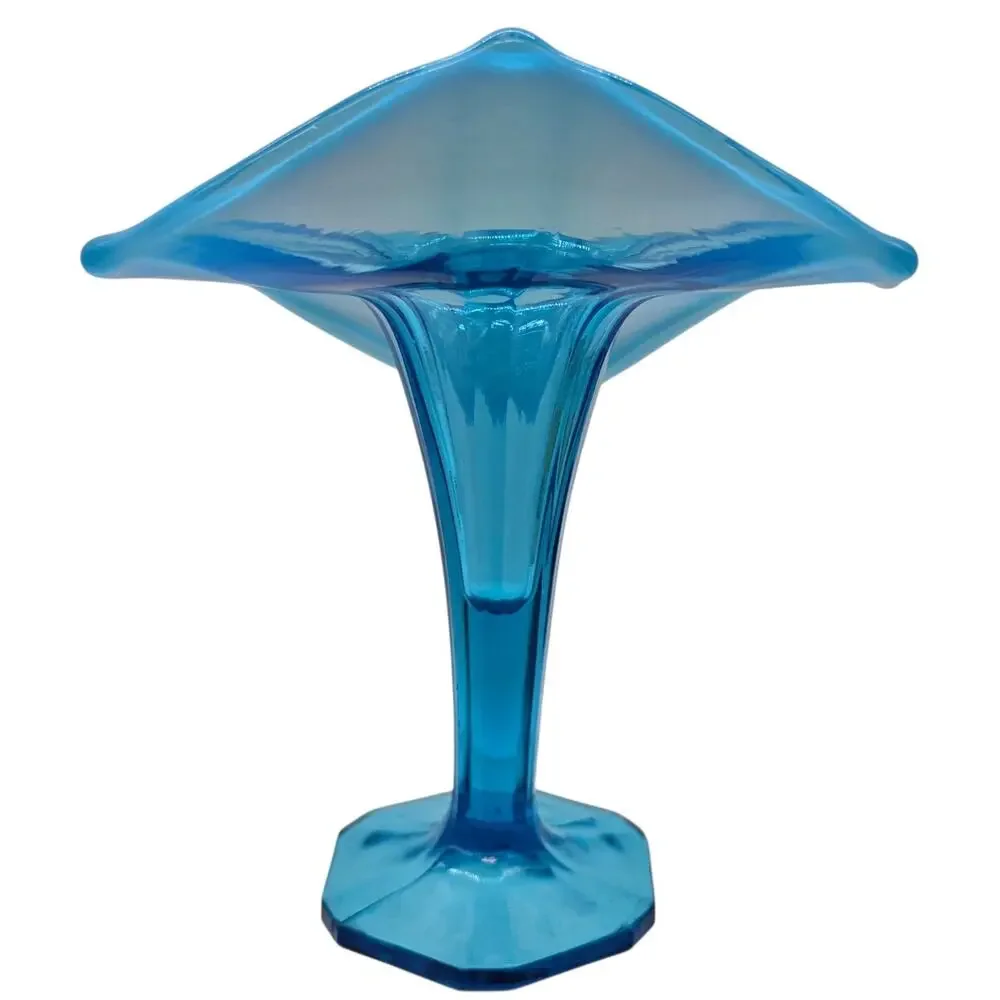 DUGAN GLASS BLUE OPAL WHEEL CUT JIP VASE FLORAL WITH LEAF CUTTING